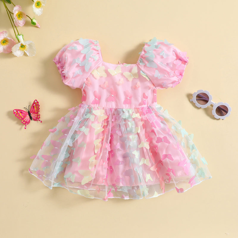 Vestido Infantil Borboletinhas 3D e Mangas Bufantes