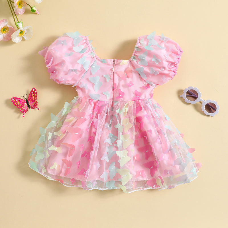 Vestido Infantil Borboletinhas 3D e Mangas Bufantes