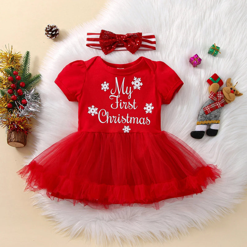 Vestido + Laço Infantil Meu Primeiro Natal