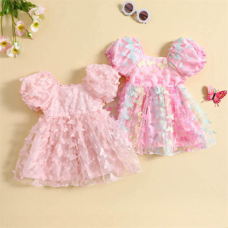 Vestido Infantil Borboletinhas 3D e Mangas Bufantes