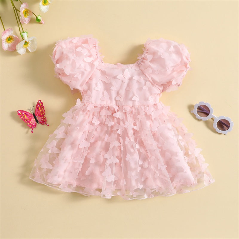 Vestido Infantil Borboletinhas 3D e Mangas Bufantes