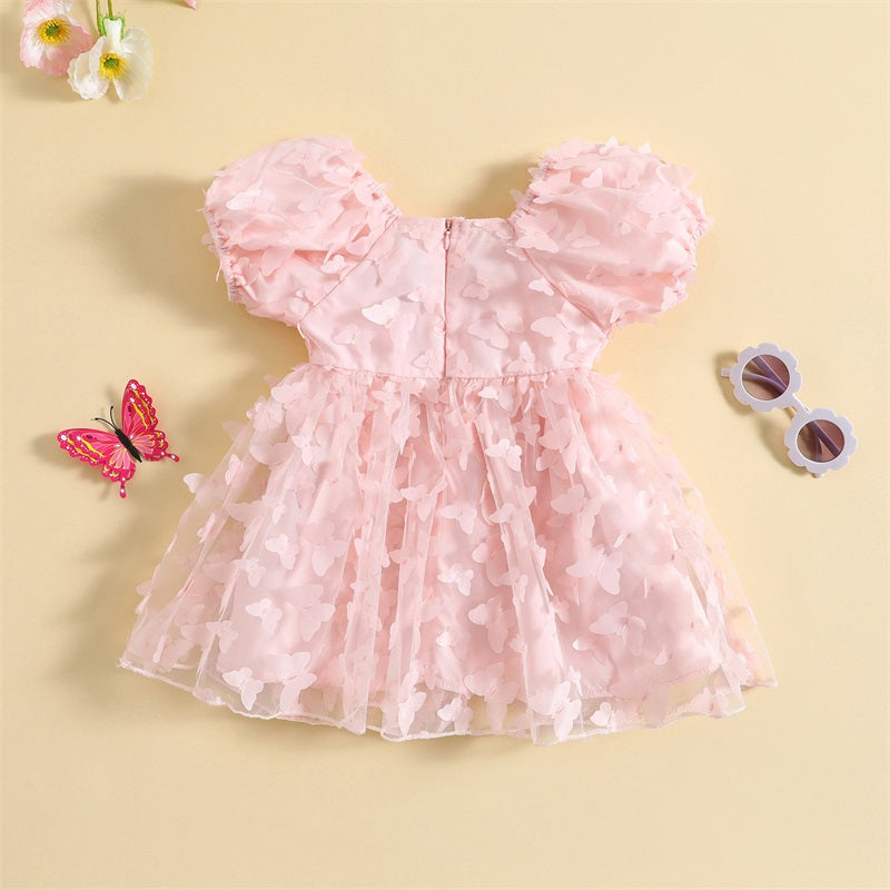 Vestido Infantil Borboletinhas 3D e Mangas Bufantes