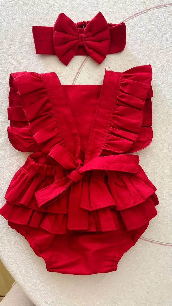 Body Baby Romper Vermelho em Tricoline 100% Algodão Com Laço - 0 Meses a 3 Anos