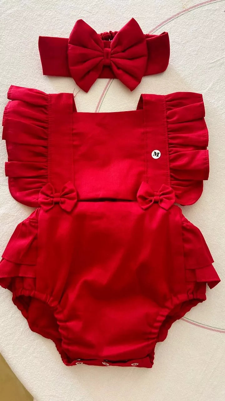 Body Baby Romper Vermelho em Tricoline 100% Algodão Com Laço - 0 Meses a 3 Anos