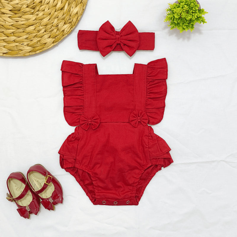 Body Baby Romper Vermelho em Tricoline 100% Algodão Com Laço - 0 Meses a 3 Anos