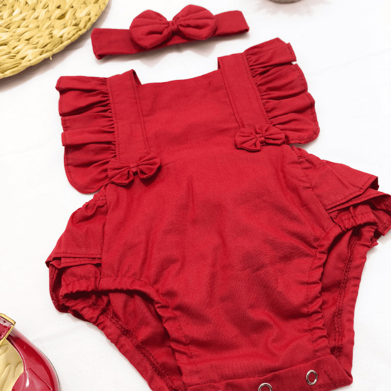 Body Baby Romper Vermelho em Tricoline 100% Algodão Com Laço - 0 Meses a 3 Anos