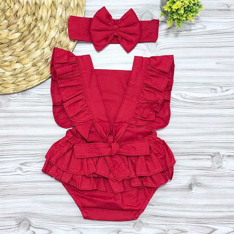 Body Baby Romper Vermelho em Tricoline 100% Algodão Com Laço - 0 Meses a 3 Anos